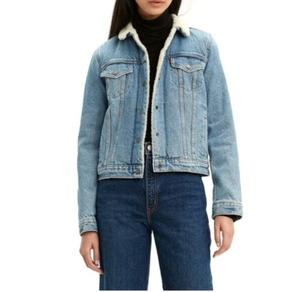 Levi's Light Blue Wash Red Tab Sherpa Lined Denim Trucker Jacket L - Picture 1 of 9